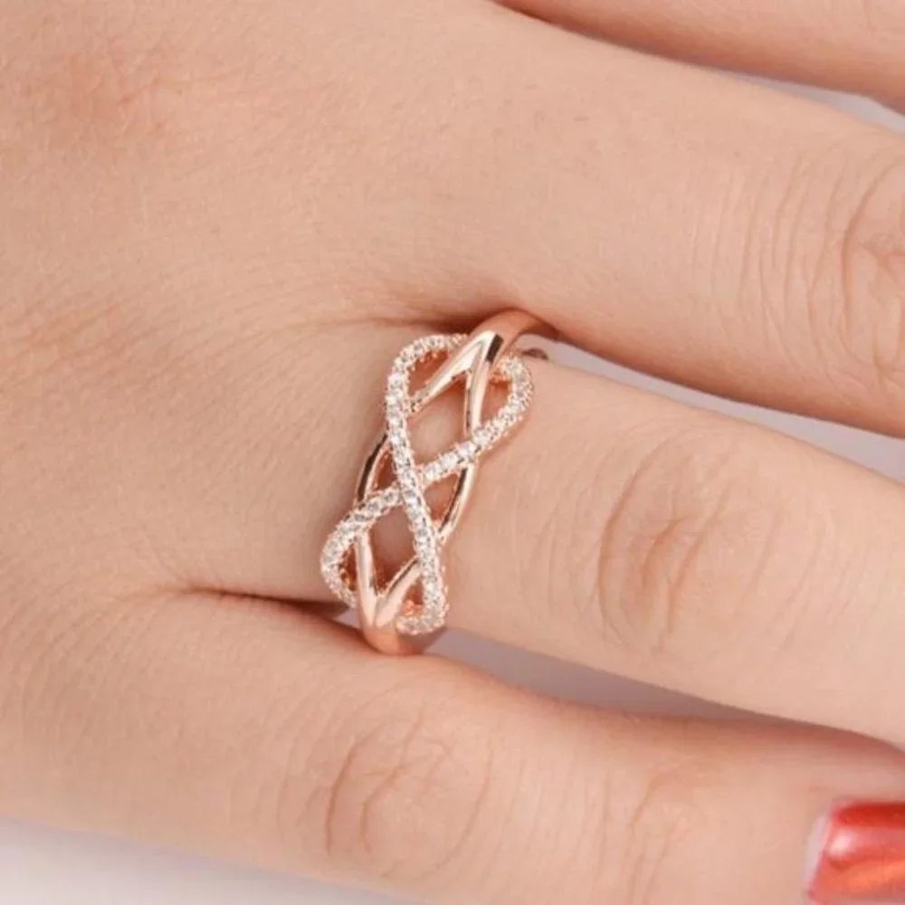 NEW ROSE GOLD DIAMOND INFINITY CROSS KNOT RING, CUTE RING, SHINY RING. - Picture 2 of 4